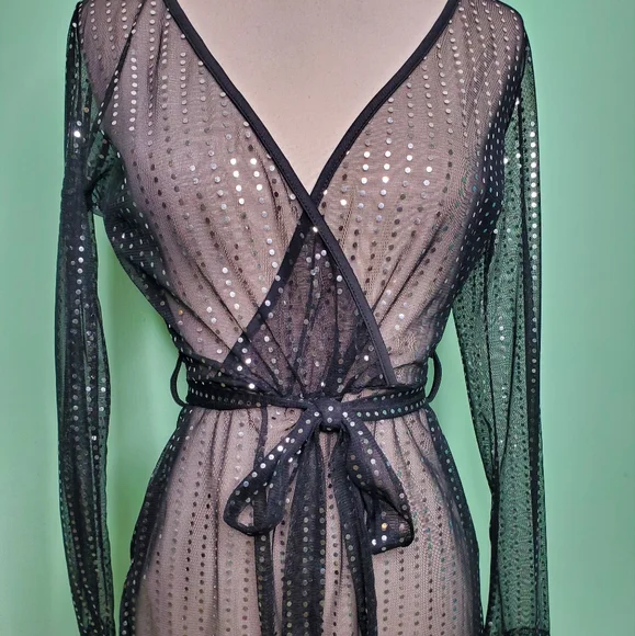 Sheer Black and Silver Metallic Faux Wrap Dress - Picture 9 of 10